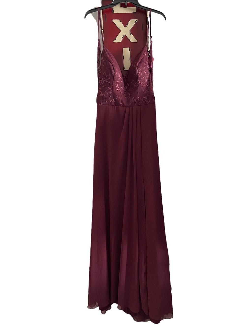 Morilee Chantilly Lace and Chiffon with Zipper back Burgundy Maxi Dress